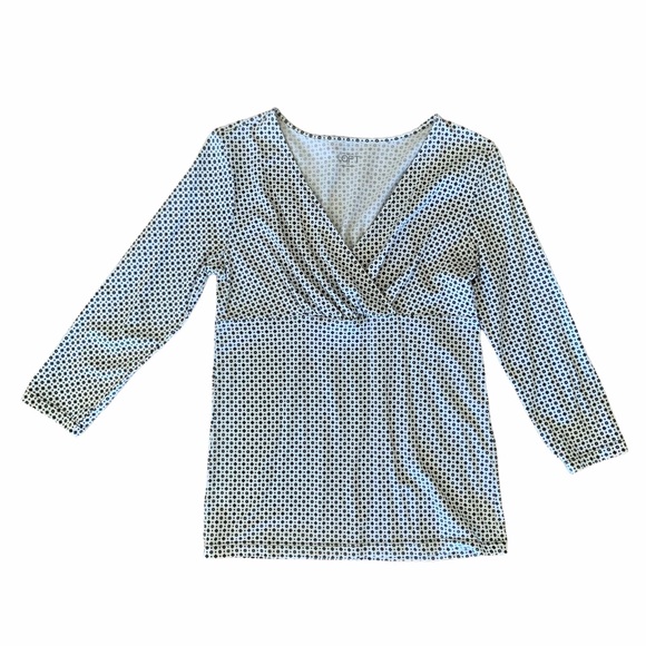 Loft White V-Neck Diamond Pattern 3/4 Sleeve Top Brown White - Picture 1 of 7